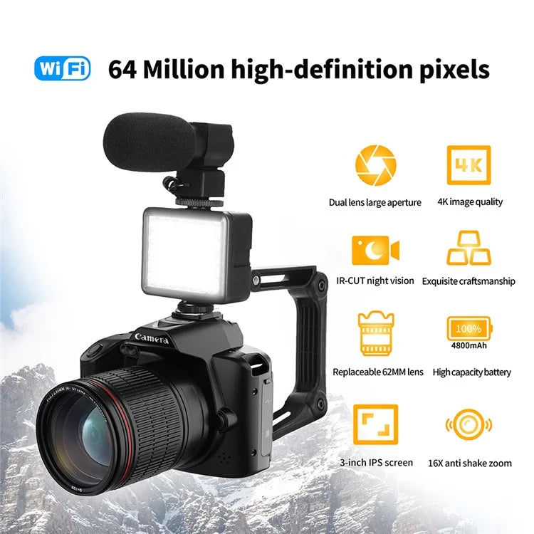 D5 HD WiFi Digital Camera with Handle Holder, 4K Dual Lens Night Vision Digital Video Camera