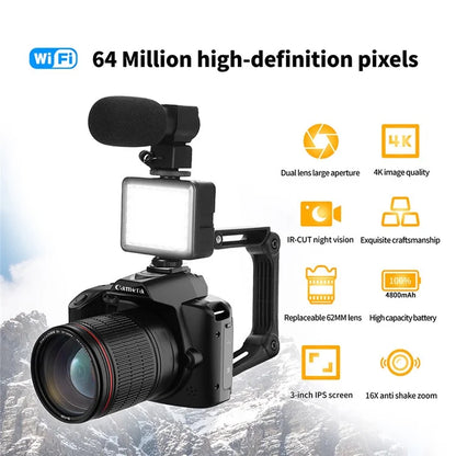 D5 HD WiFi Digital Camera with Handle Holder, 4K Dual Lens Night Vision Digital Video Camera