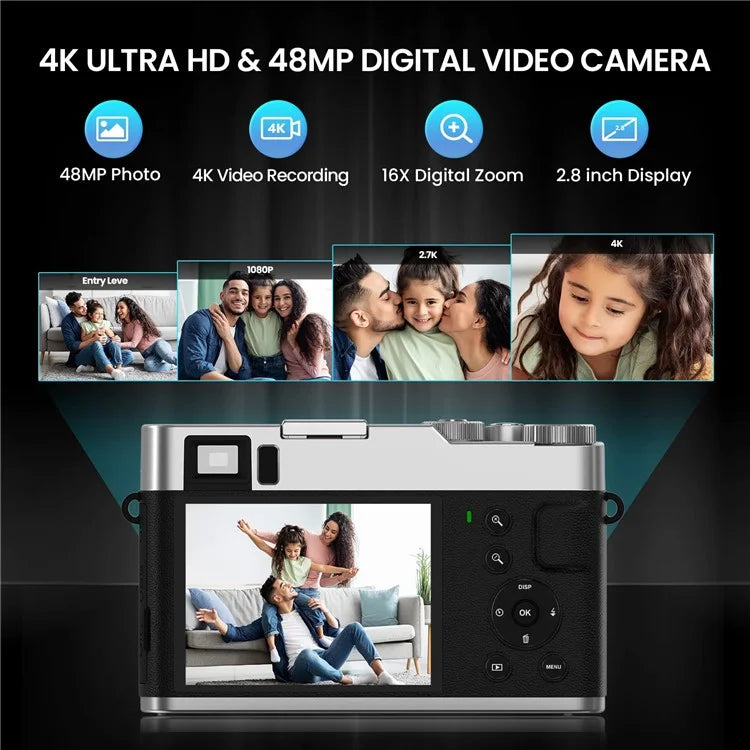DC202L-AF Retro 4K Selfie Camera Photoflash Light Digital Camera for Kids Teens