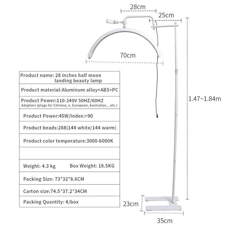 HD-M28X Adjustable Brightness 28-Inch Floor Lamp Half Moon Light for Eyelash Extensions