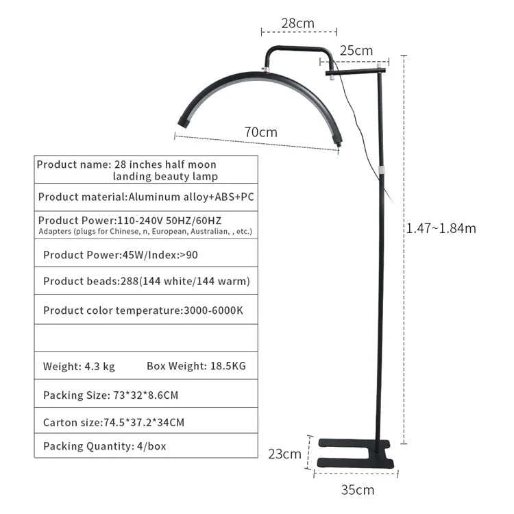 HD-M28X Adjustable Brightness 28-Inch Floor Lamp Half Moon Light for Eyelash Extensions