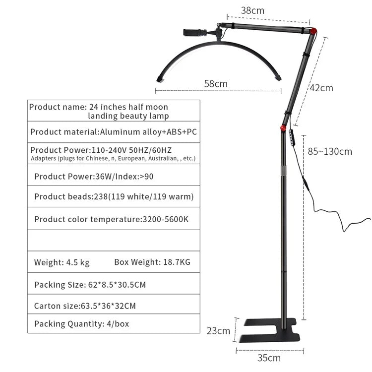 HD-M700X 24-Inch Floor Lamp Half Moon Light for Eyelash Extensions, Nail Tech