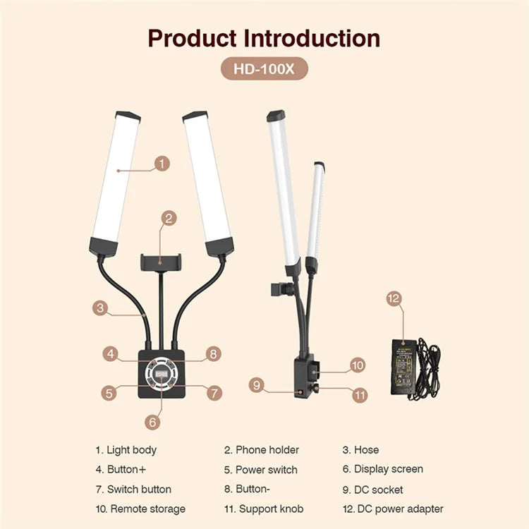 HD-100XJ Dual Arm Skin Care Beauty Light Photography Live Streaming LED Fill Light