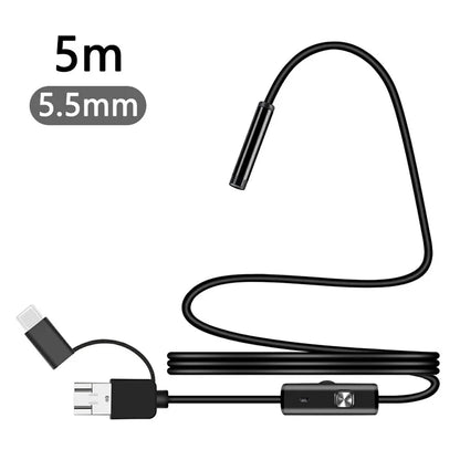 Y1002 5m Flexible Wire Type-C+USB+Android Phone Borescope 5.5mm Camera Lens Inspection Endoscope