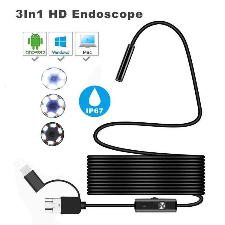 Y1002 5m Hard Wire Inspection Endoscope 5.5mm Camera Lens Type-C+USB+Android Phone Borescope