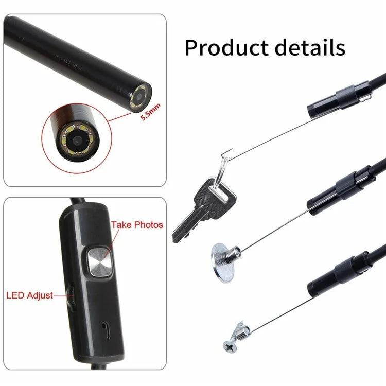 Y1002 5m Hard Wire Inspection Endoscope 5.5mm Camera Lens Type-C+USB+Android Phone Borescope
