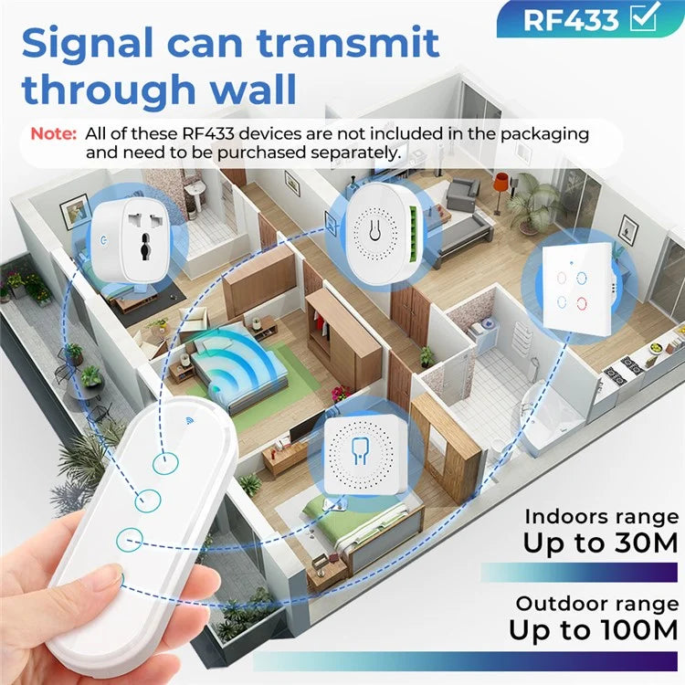 RF433 Remote Control Touch Switch 4 Gang 2.5D Tempered Glass Wireless Interruptor Switch