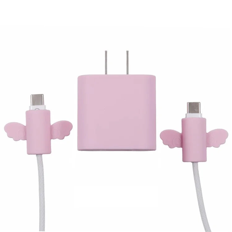Solid Color Wings Protective Sleeve for Apple iPhone 18 / 20W Charger Cover + 2Pcs Data Cable Saver Silicone Case