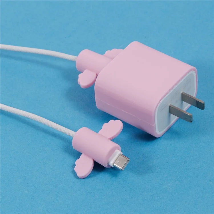 Solid Color Wings Protective Sleeve for Apple iPhone 18 / 20W Charger Cover + 2Pcs Data Cable Saver Silicone Case