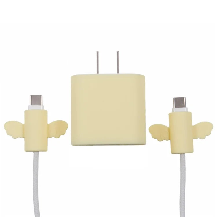 Solid Color Wings Protective Sleeve for Apple iPhone 18 / 20W Charger Cover + 2Pcs Data Cable Saver Silicone Case