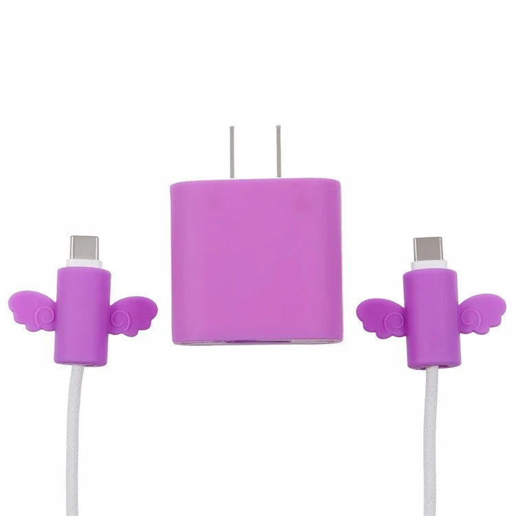 Solid Color Wings Protective Sleeve for Apple iPhone 18 / 20W Charger Cover + 2Pcs Data Cable Saver Silicone Case