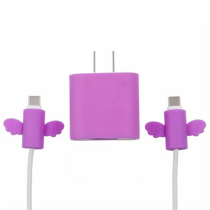 Solid Color Wings Protective Sleeve for Apple iPhone 18 / 20W Charger Cover + 2Pcs Data Cable Saver Silicone Case