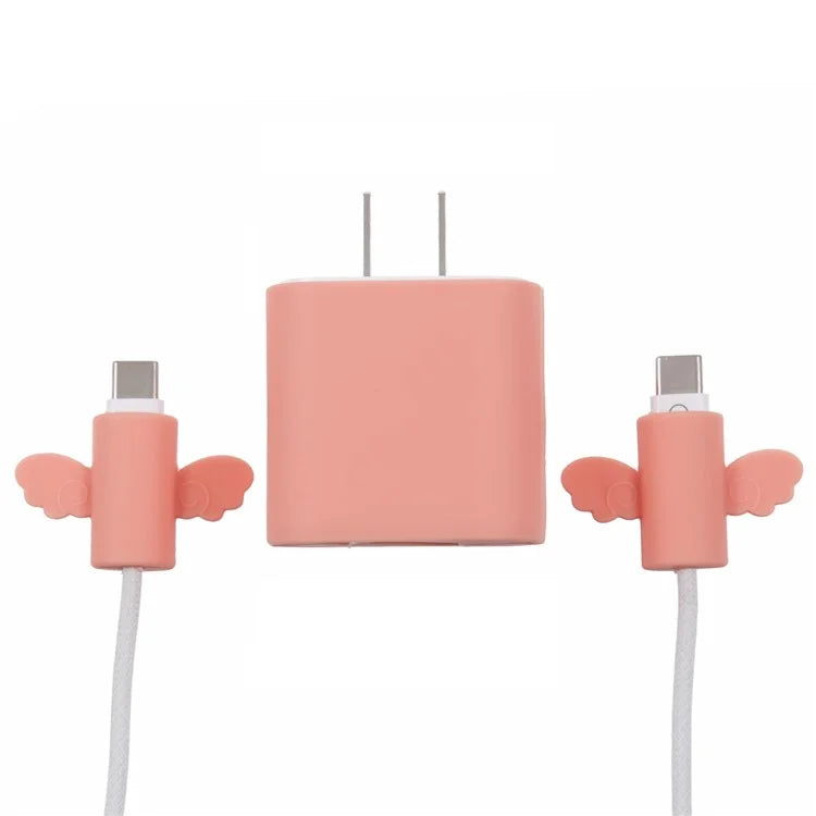 Solid Color Wings Protective Sleeve for Apple iPhone 18 / 20W Charger Cover + 2Pcs Data Cable Saver Silicone Case