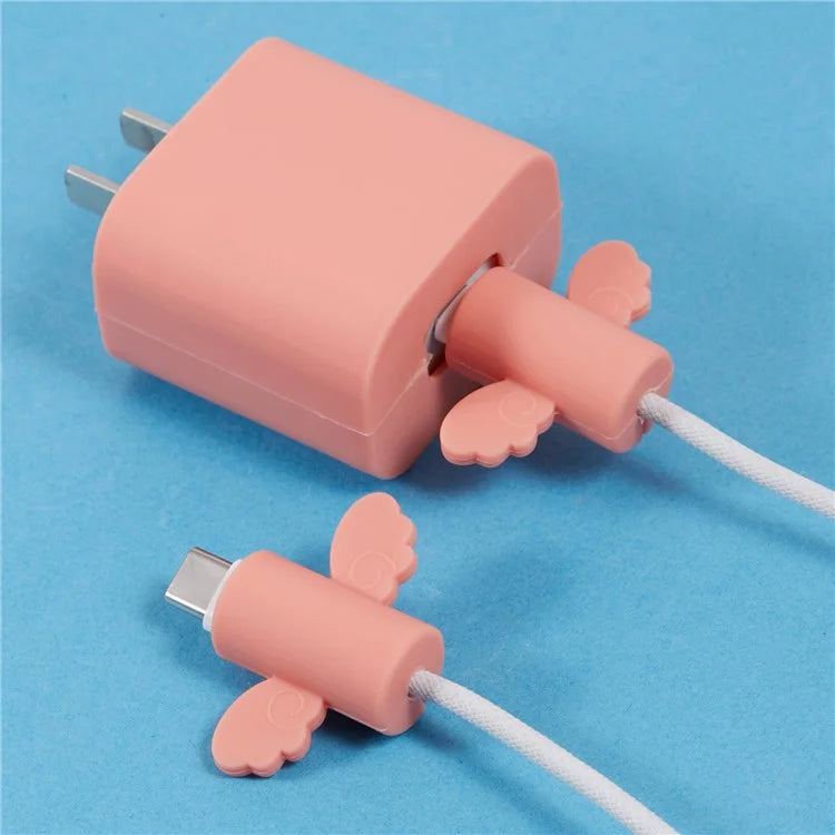 Solid Color Wings Protective Sleeve for Apple iPhone 18 / 20W Charger Cover + 2Pcs Data Cable Saver Silicone Case