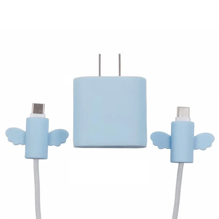 Solid Color Wings Protective Sleeve for Apple iPhone 18 / 20W Charger Cover + 2Pcs Data Cable Saver Silicone Case
