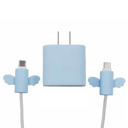 Solid Color Wings Protective Sleeve for Apple iPhone 18 / 20W Charger Cover + 2Pcs Data Cable Saver Silicone Case