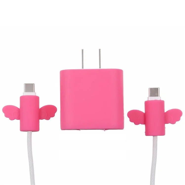 Solid Color Wings Protective Sleeve for Apple iPhone 18 / 20W Charger Cover + 2Pcs Data Cable Saver Silicone Case