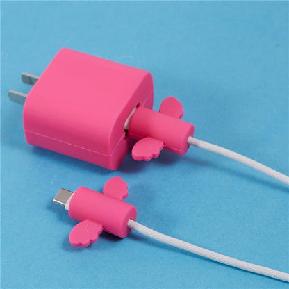 Solid Color Wings Protective Sleeve for Apple iPhone 18 / 20W Charger Cover + 2Pcs Data Cable Saver Silicone Case