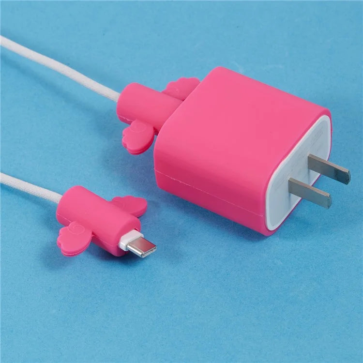 Solid Color Wings Protective Sleeve for Apple iPhone 18 / 20W Charger Cover + 2Pcs Data Cable Saver Silicone Case