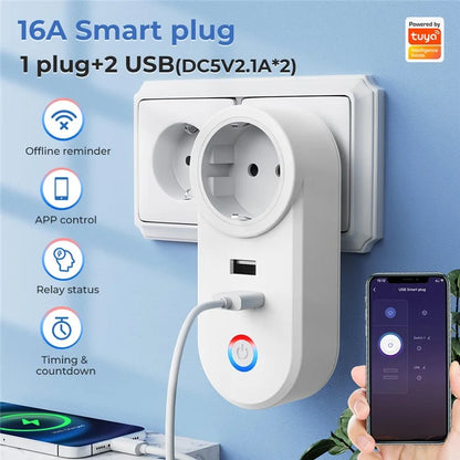 Tuya Bluetooth+Wifi Smart Plug 16A Power Socket Wall Charger with USB Port
