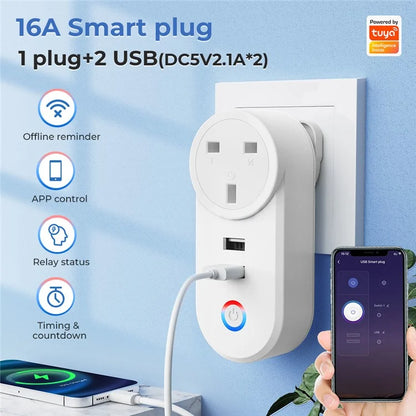 Tuya Bluetooth+Wifi Smart Plug 16A Power Socket Wall Charger with USB Port