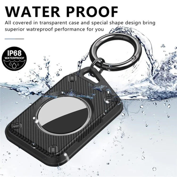 For Apple AirTag IP68 Waterproof Case Carbon Fiber TPU+PC Cover with Protective Film and Ring Buckle