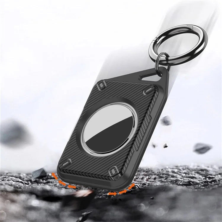 For Apple AirTag IP68 Waterproof Case Carbon Fiber TPU+PC Cover with Protective Film and Ring Buckle