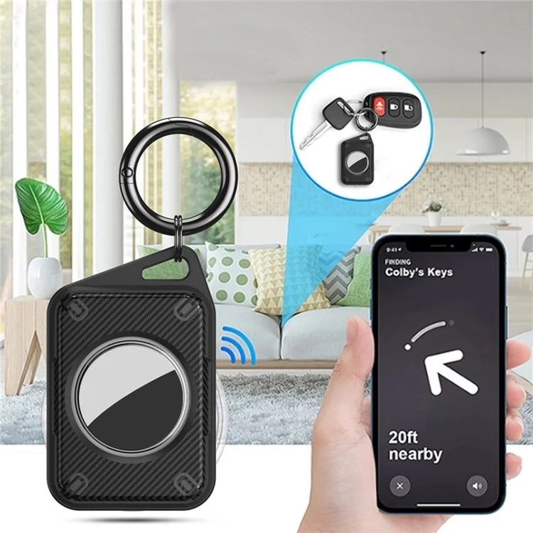 For Apple AirTag IP68 Waterproof Case Carbon Fiber TPU+PC Cover with Protective Film and Ring Buckle