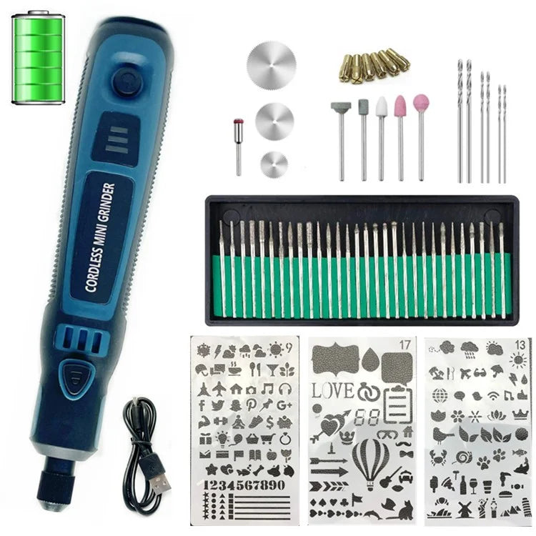 3-Speed Adjustable Cordless Mini Grinder with Copper Chuck Engraving Needle Drill Bit Set