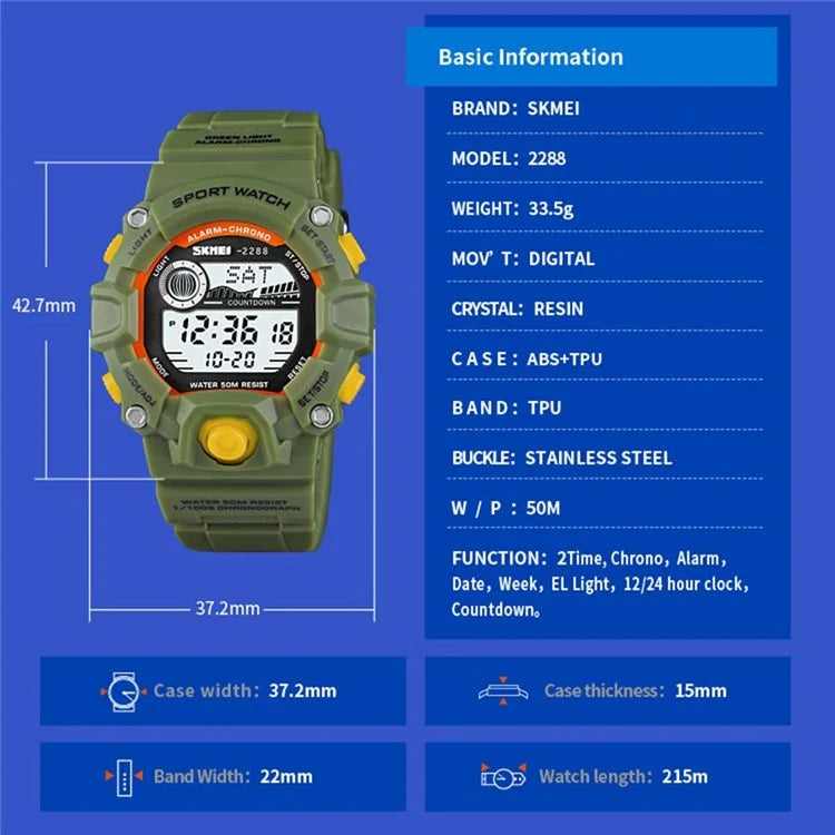 SKMEI 2288 Teenager Luminous Digital Watch Outdoor Sports Electronic Wrist Watch