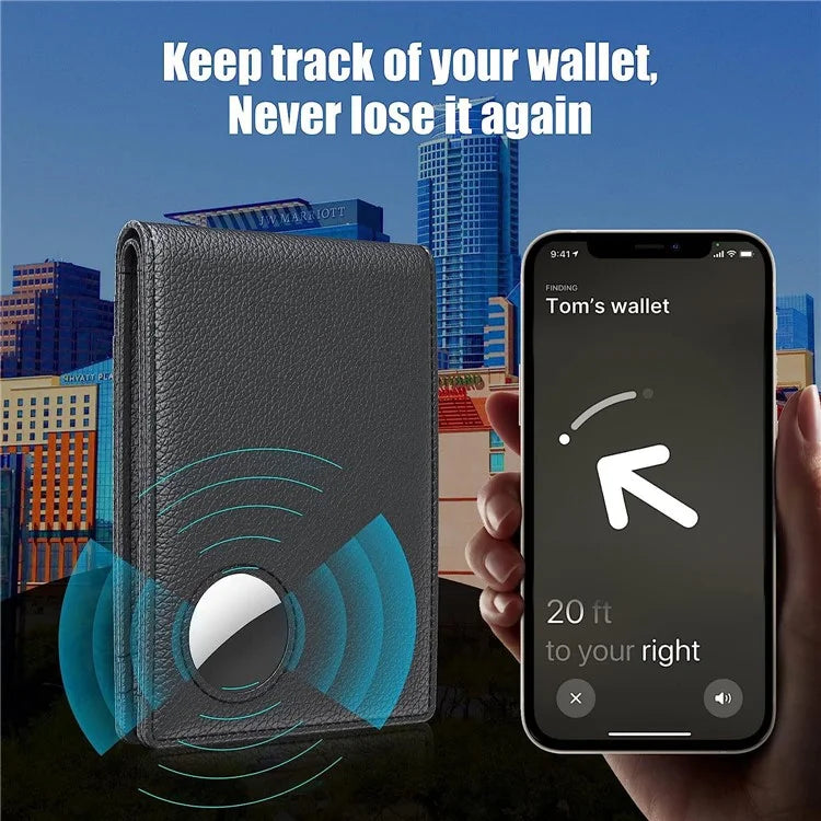 Men's Wallet for AirTag with Protective Film RFID Blocking Genuine Cow Leather 11 Card Holders
