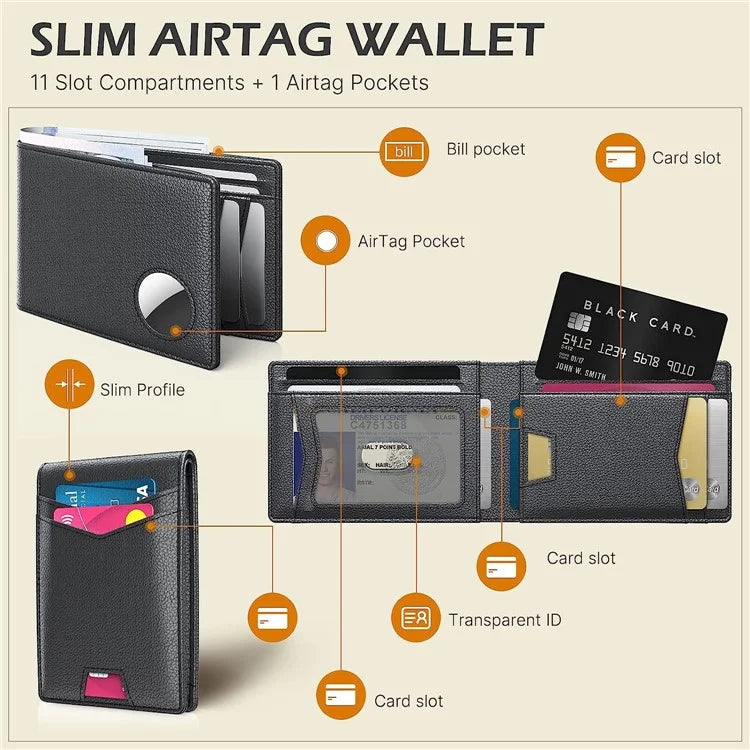 Men's Wallet for AirTag with Protective Film RFID Blocking Genuine Cow Leather 11 Card Holders