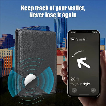 Men's Wallet for AirTag with Protective Film RFID Blocking Genuine Cow Leather 11 Card Holders
