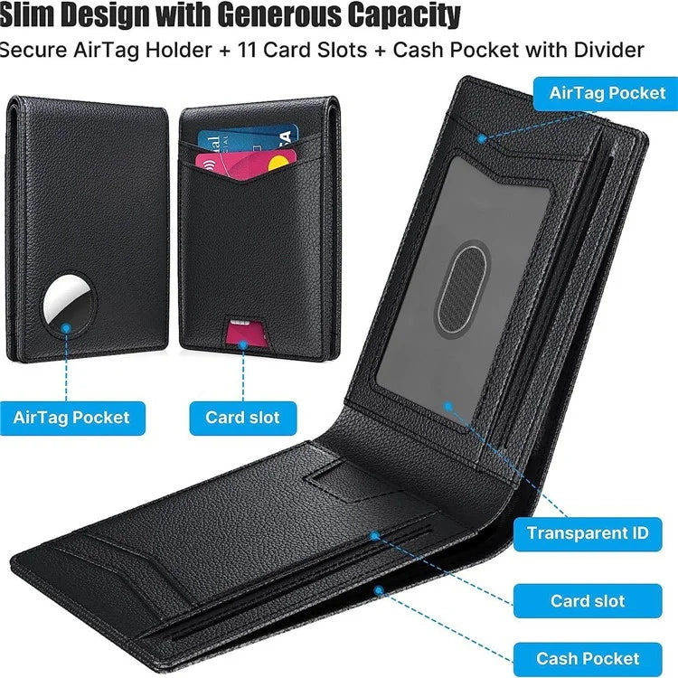 Men's Wallet for AirTag with Protective Film RFID Blocking Genuine Cow Leather 11 Card Holders