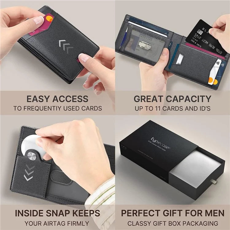 Men's Wallet for AirTag with Protective Film RFID Blocking Genuine Cow Leather 11 Card Holders