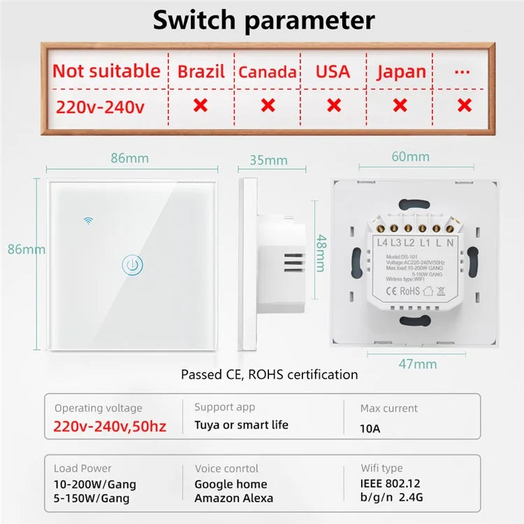 DS-101JL-1 1 Gang WiFi + Bluetooth Dual Mode APP Voice Control Smart Touch Wall Switch