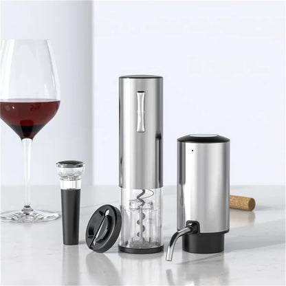 KLT SGS-KD-8(C3) 4-in-1 Rechargeable Stainless Steel Bottle Opener Electric Wine Dispenser Vacuum Stopper Foil Cutter Kit (BPA Free, No FDA)