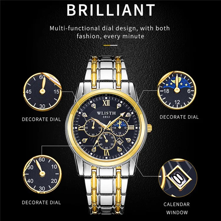 WLISTH 6177 Fashion Steel Strap Men Quartz Watch Luminous Calendar Wrist Watch