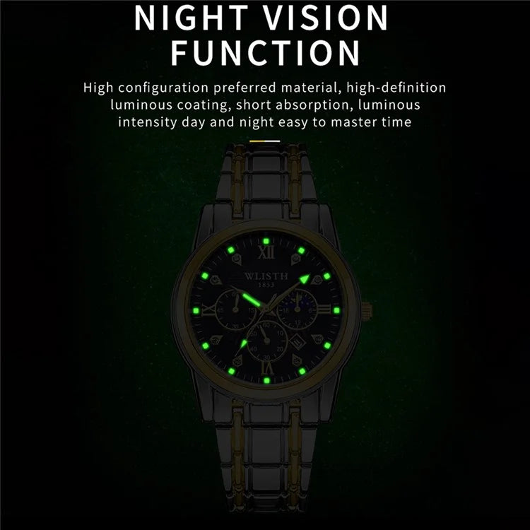 WLISTH 6177 Fashion Steel Strap Men Quartz Watch Luminous Calendar Wrist Watch