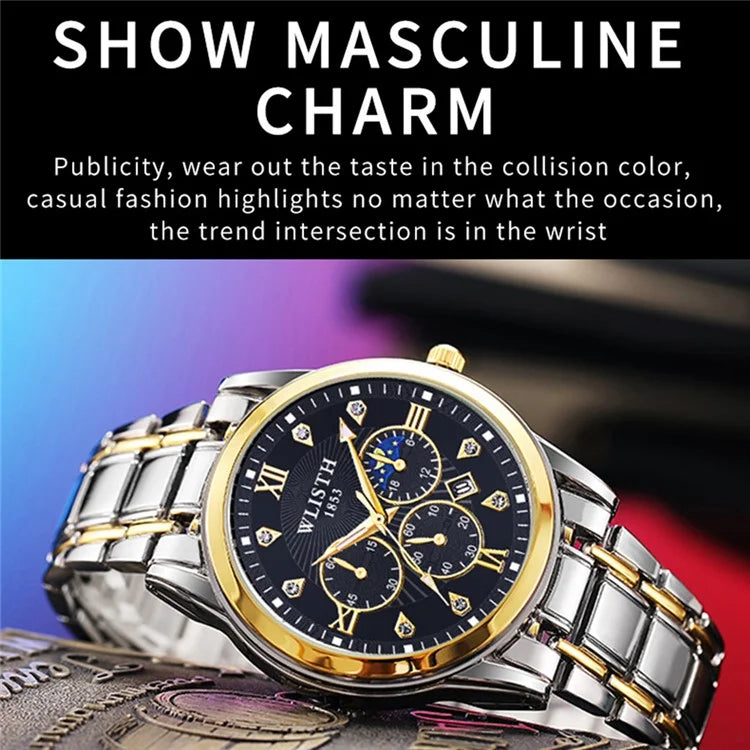 WLISTH 6177 Fashion Steel Strap Men Quartz Watch Luminous Calendar Wrist Watch
