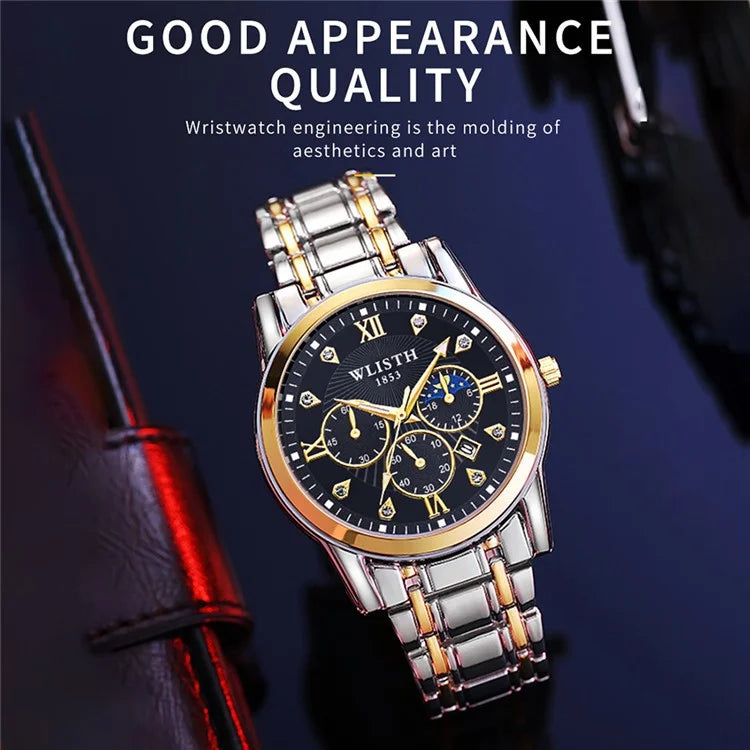 WLISTH 6177 Fashion Steel Strap Men Quartz Watch Luminous Calendar Wrist Watch