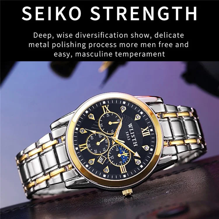 WLISTH 6177 Fashion Steel Strap Men Quartz Watch Luminous Calendar Wrist Watch