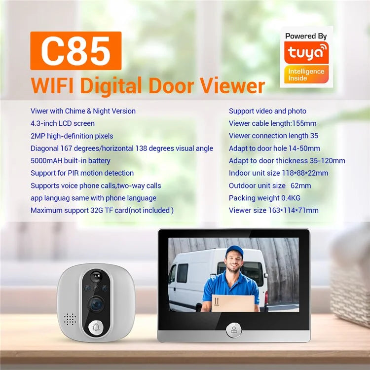 C85 Doorbell Camera 1080P PIR Motion Detection Digital Peephole Door Viewer Two-Way Call