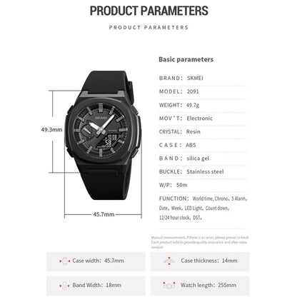 SKMEI 2091 Dual Display Electronic Watch 12 / 24H Multifunction Watch with 5 Alarm Clock
