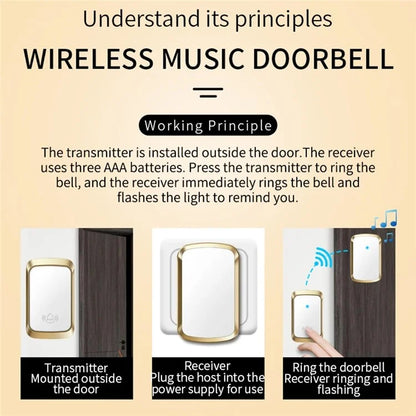 CACAZI FA29PRO Wireless Doorbell 5 Volume Levels Chime Door Bell Kit with 1 Transmitter+2 Receivers