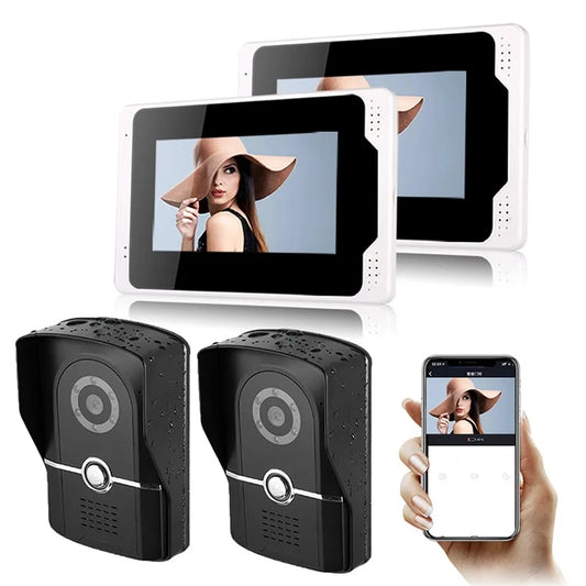 701FG22 Tuya App 2Pcs 7-inch WiFi Indoor Monitor + 2Pcs Smart Door Bell HD Camera, EU Plug