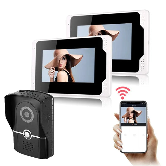 701FG12 Tuya App 2Pcs 7-inch WiFi Indoor Monitor + 1Pc 1080P Door Bell HD Camera, EU Plug