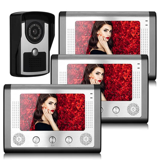 801FC13 3Pcs 7-inch Indoor Monitor + 1Pc HD Night Vision Camera Visual Doorbell, EU Plug