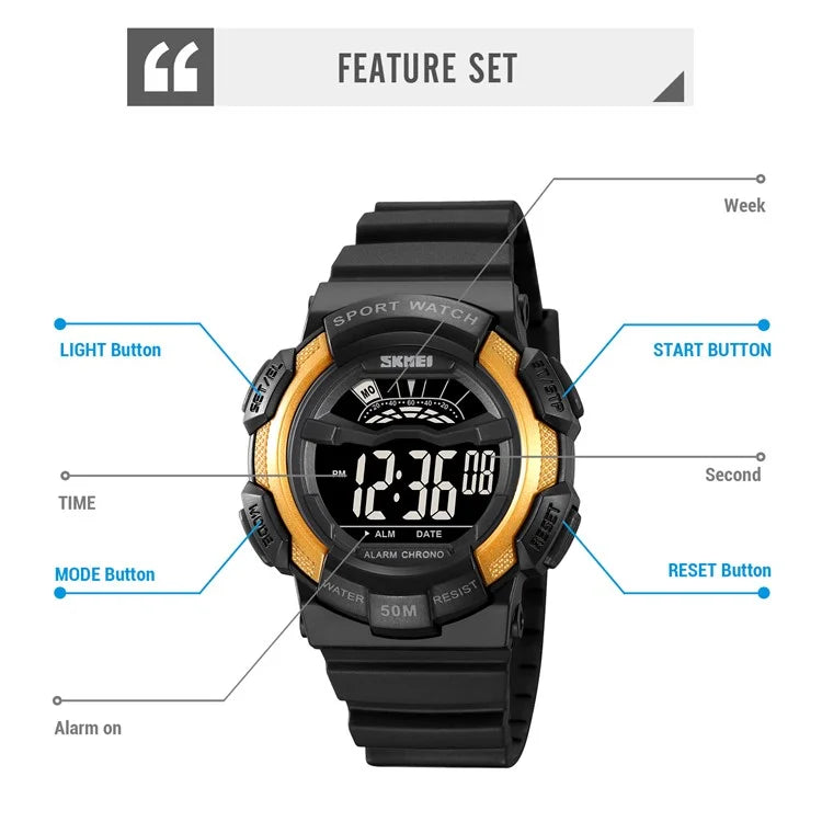 SKMEI 2153 50m Waterproof Wrist Watch TPU Strap EL Backlight Electronic Watch