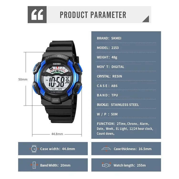 SKMEI 2153 50m Waterproof Wrist Watch TPU Strap EL Backlight Electronic Watch